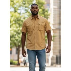 Pflueger Gold Medalist Men's XL Orange Fishing Shirt Short Sleeve Button Up